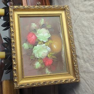 Vintage Hand Painted Floral Still Life Painting 7x9 Framed Romantic Cottage Art